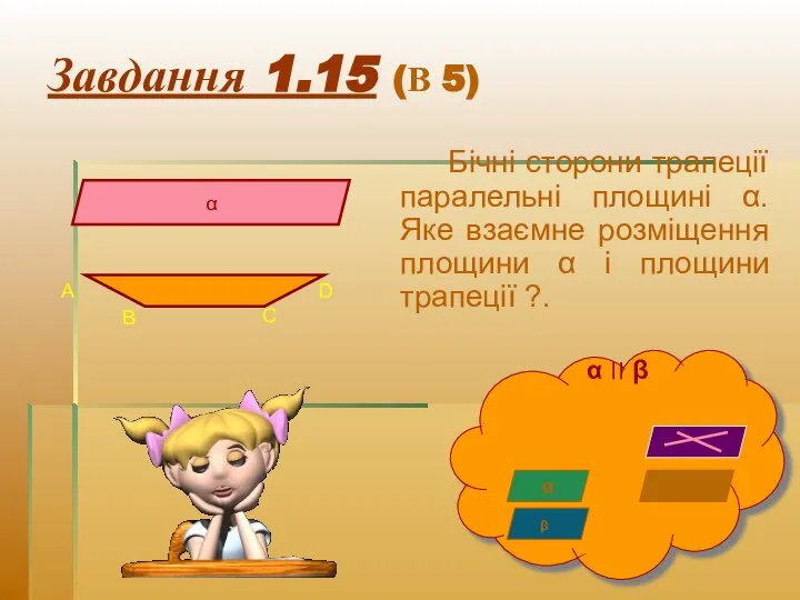 Завдання 1.15 (В 5) Бічні сторони трапеції паралельні площині α. Яке