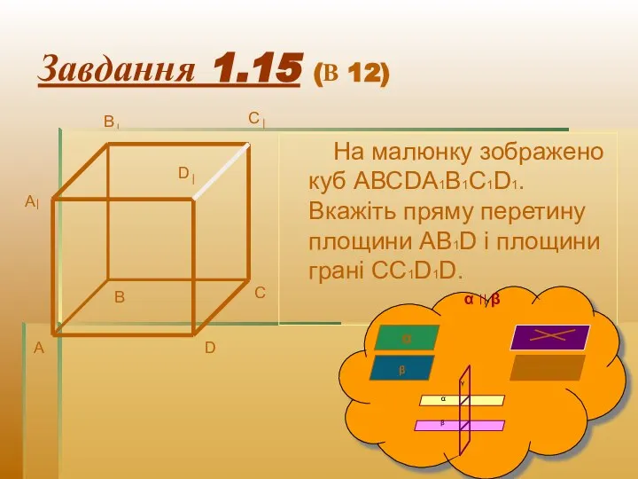 Завдання 1.15 (В 12) На малюнку зображено куб АВСDA1B1C1D1. Вкажіть пряму