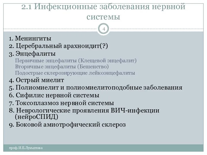 2.1 Инфекционные заболевания нервной системы проф.И.Е.Лукьянова 1. Менингиты 2. Церебральный арахноидит(?)