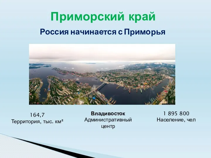 Приморский край Россия начинается с Приморья 164,7 Территория, тыс. км² Владивосток