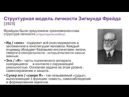 Структурная модель личности Зигмунда Фрейда [1923] Фрейдом была предложена трехкомпонентная структура