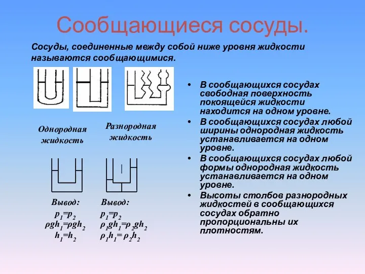 Сообщающиеся сосуды. В сообщающихся сосудах свободная поверхность покоящейся жидкости находится на