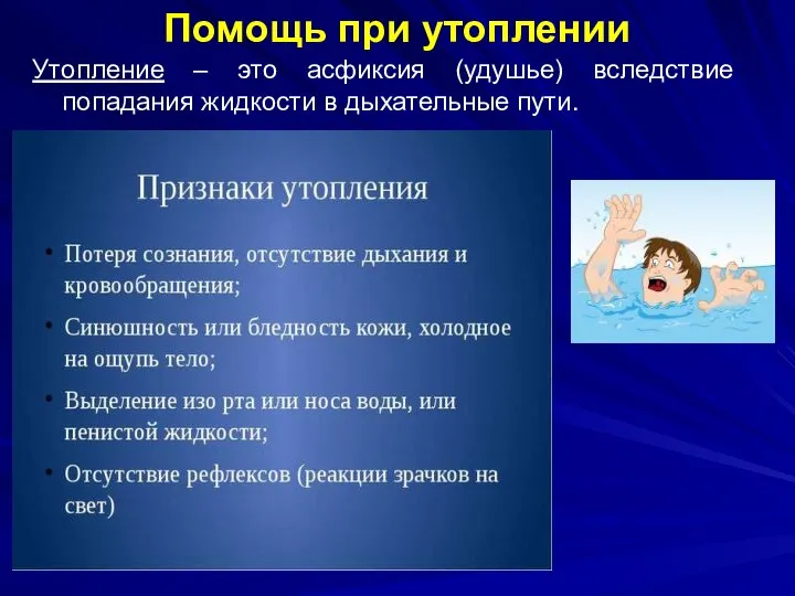 Помощь при утоплении Утопление – это асфиксия (удушье) вследствие попадания жидкости в дыхательные пути.