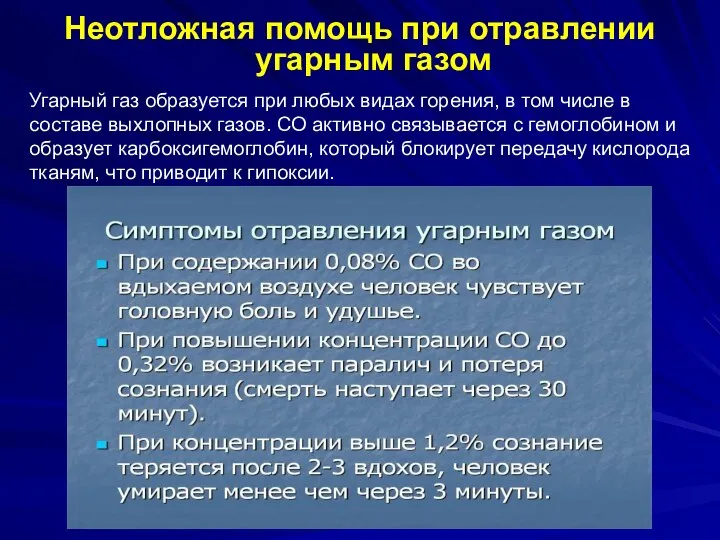 Неотложная помощь при отравлении угарным газом Угарный газ образуется при любых