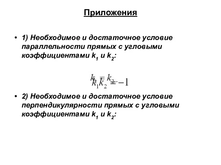 Приложения 1) Необходимое и достаточное условие параллельности прямых с угловыми коэффициентами