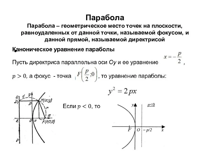 Парабола Парабола – геометрическое место точек на плоскости, равноудаленных от данной