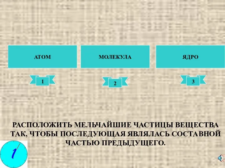 АТОМ МОЛЕКУЛА ЯДРО 1 2 3 РАСПОЛОЖИТЬ МЕЛЬЧАЙШИЕ ЧАСТИЦЫ ВЕЩЕСТВА ТАК,