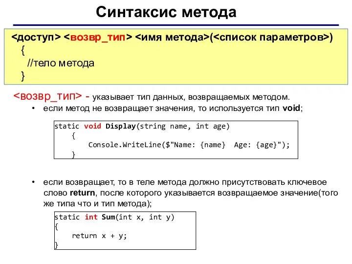 Синтаксис метода ( ) { //тело метода } - указывает тип