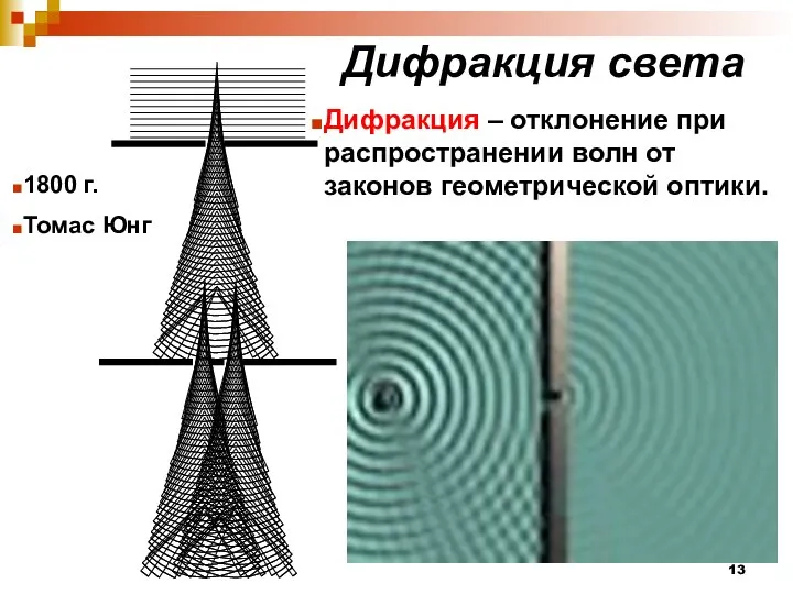 Дифракция света 1800 г. Томас Юнг Дифракция – отклонение при распространении волн от законов геометрической оптики.
