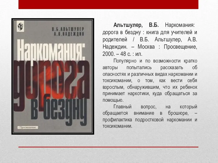 Альтшулер, В.Б. Наркомания: дорога в бездну : книга для учителей и