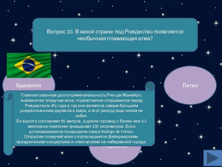 Вопрос 10. В какой стране под Рождество появляется необычная плавающая елка?