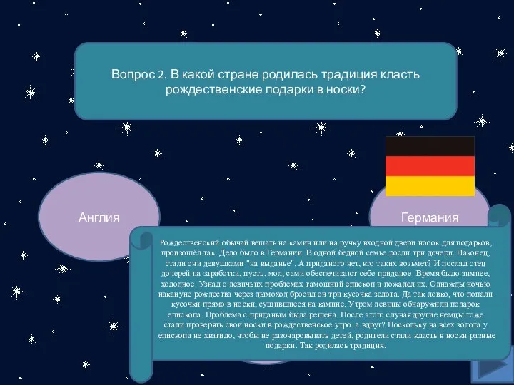 Вопрос 2. В какой стране родилась традиция класть рождественские подарки в