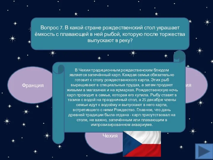 Вопрос 7. В какой стране рождественский стол украшает ёмкость с плавающей