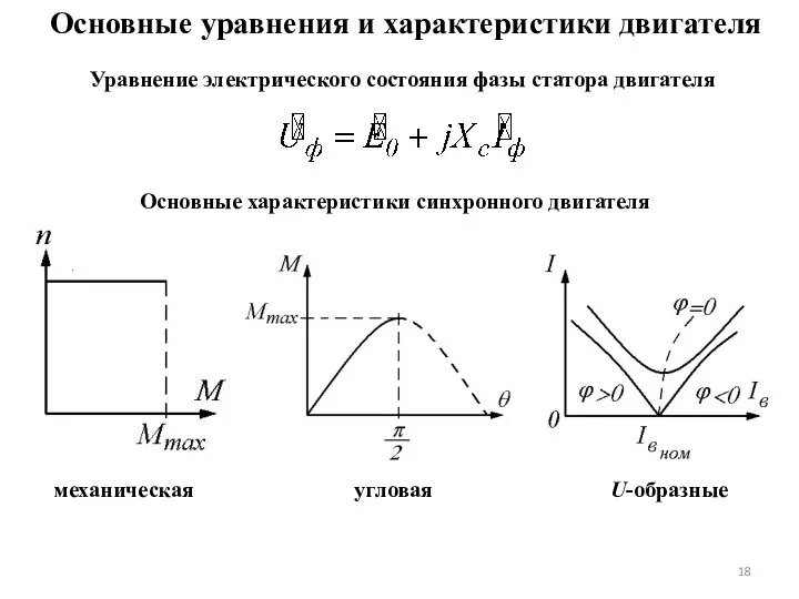 Основные уравнения и характеристики двигателя Уравнение электрического состояния фазы статора двигателя Основные характеристики синхронного двигателя