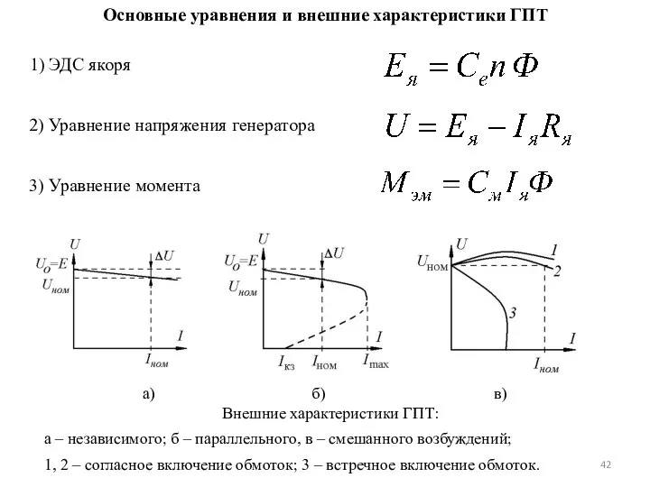 Основные уравнения и внешние характеристики ГПТ 1) ЭДС якоря 2) Уравнение напряжения генератора 3) Уравнение момента