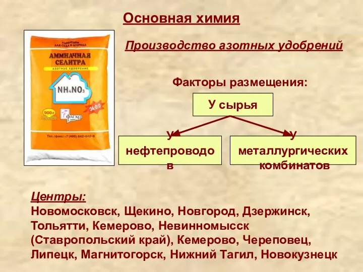 Основная химия Производство азотных удобрений Факторы размещения: У сырья У нефтепроводов