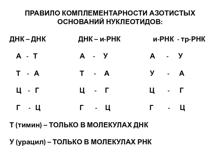 ПРАВИЛО КОМПЛЕМЕНТАРНОСТИ АЗОТИСТЫХ ОСНОВАНИЙ НУКЛЕОТИДОВ: ДНК – ДНК ДНК – и-РНК