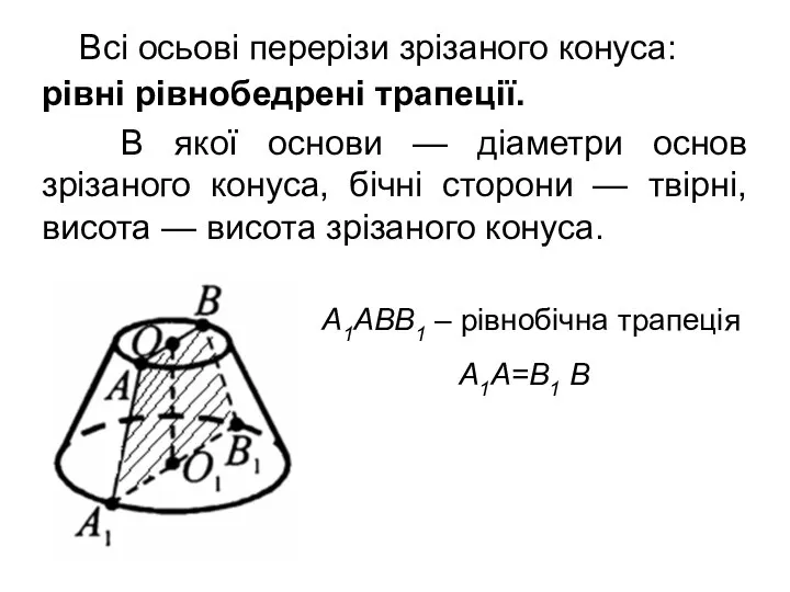 Всі осьові перерізи зрізаного конуса: A1ABB1 – рівнобічна трапеція A1A=B1 B