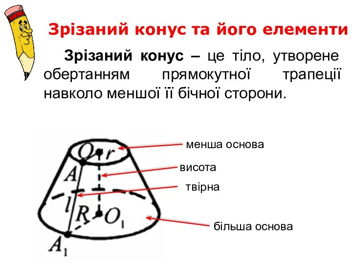 Зрізаний конус та його елементи Зрізаний конус – це тіло, утворене