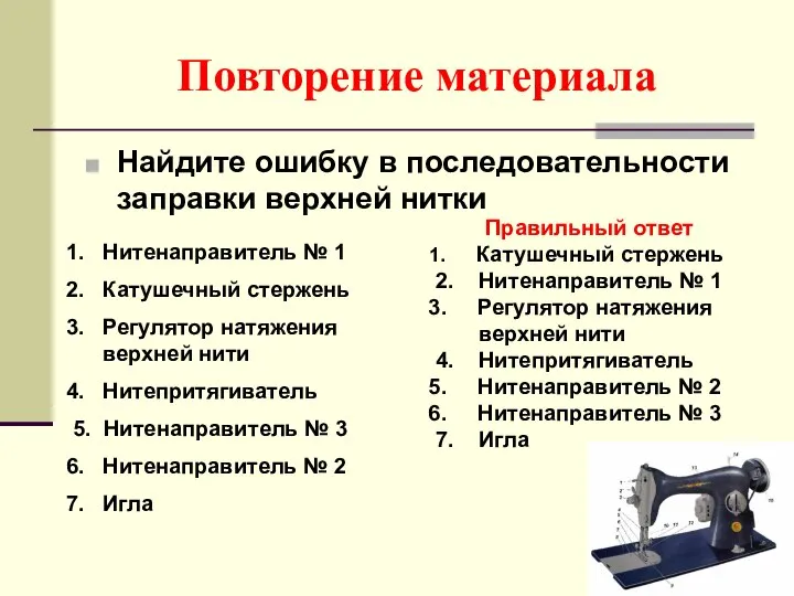 Повторение материала Найдите ошибку в последовательности заправки верхней нитки Нитенаправитель №