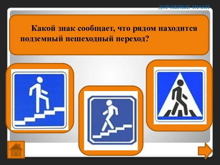 Какой знак сообщает, что рядом находится подземный пешеходный переход? ДОРОЖНЫЕ ЗНАКИ