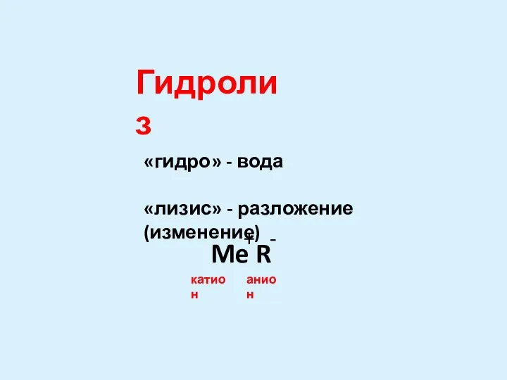 Гидролиз «гидро» - вода «лизис» - разложение (изменение) Me R катион анион + -