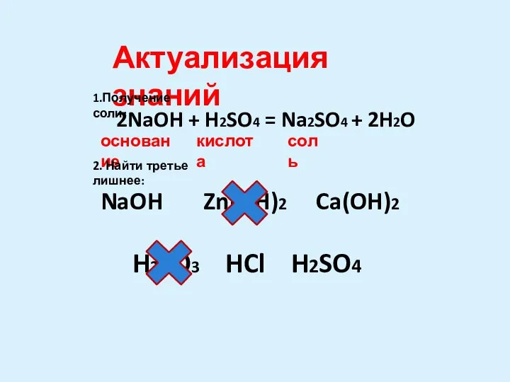 2NaOH + H2SO4 = Na2SO4 + 2H2O основание кислота соль NaOH