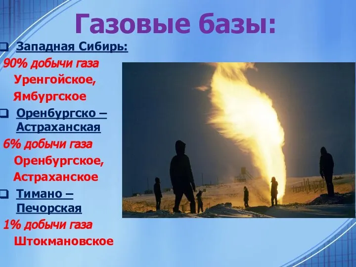 Газовые базы: Западная Сибирь: 90% добычи газа Уренгойское, Ямбургское Оренбургско –