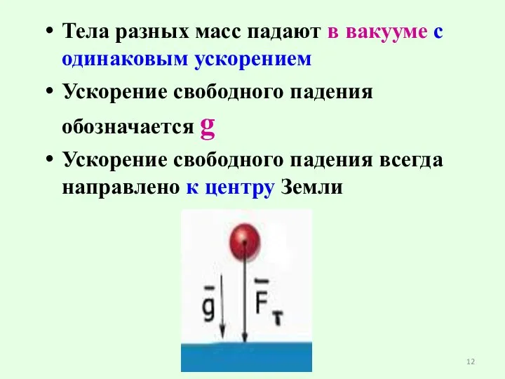 Тела разных масс падают в вакууме с одинаковым ускорением Ускорение свободного