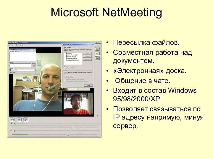 Microsoft NetMeeting Пересылка файлов. Совместная работа над документом. «Электронная» доска. Общение