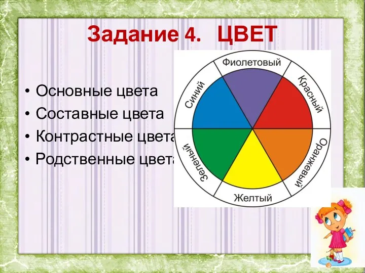 Задание 4. ЦВЕТ Основные цвета Составные цвета Контрастные цвета Родственные цвета