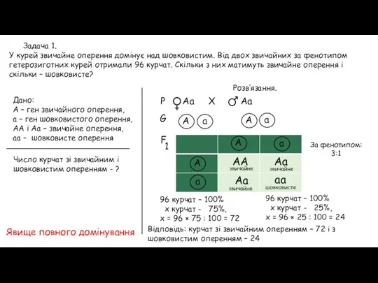 Задача 1. У курей звичайне оперення домінує над шовковистим. Від двох