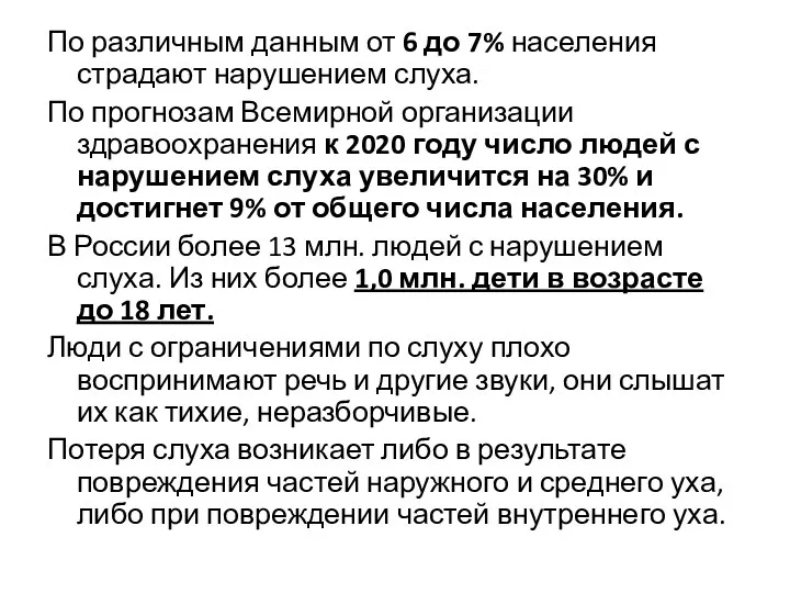 По различным данным от 6 до 7% населения страдают нарушением слуха.