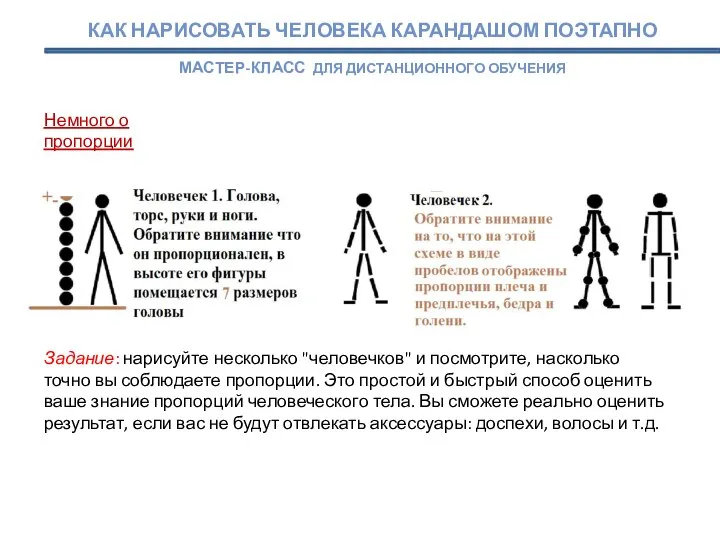 Задание: нарисуйте несколько "человечков" и посмотрите, насколько точно вы соблюдаете пропорции.