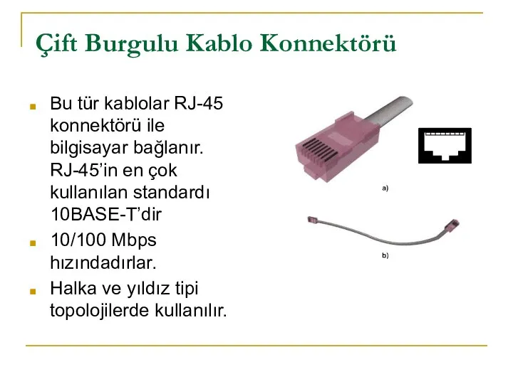 Çift Burgulu Kablo Konnektörü Bu tür kablolar RJ-45 konnektörü ile bilgisayar