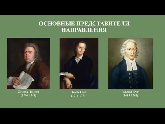 ОСНОВНЫЕ ПРЕДСТАВИТЕЛИ НАПРАВЛЕНИЯ Джеймс Томсон (1700-1748) Эдуард Юнг (1683-1765) Томас Грей (1716-1771)