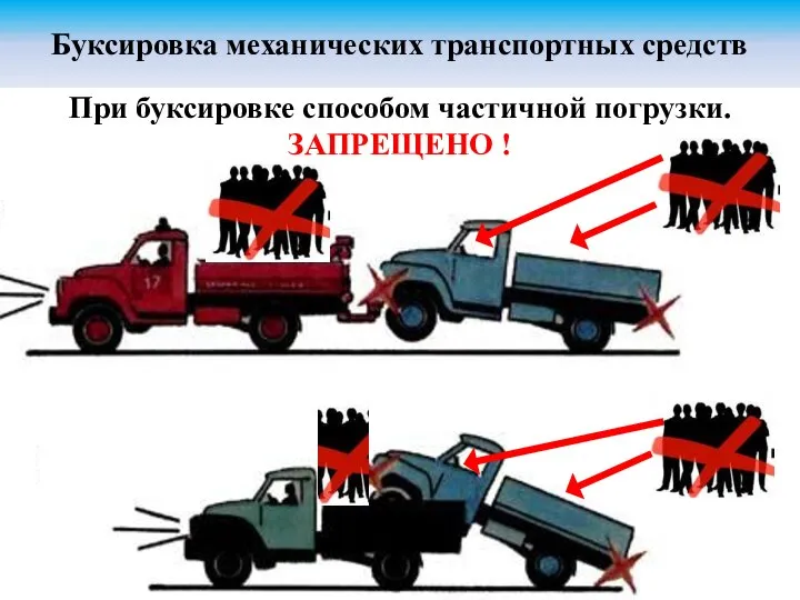 При буксировке способом частичной погрузки. ЗАПРЕЩЕНО ! Буксировка механических транспортных средств