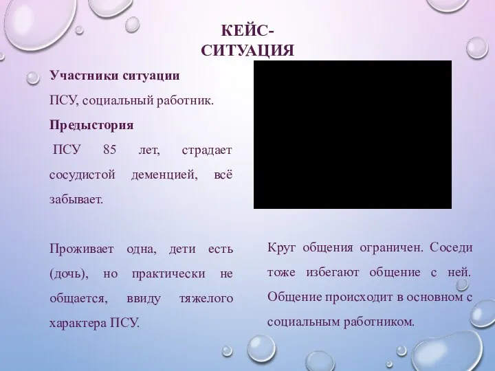 Участники ситуации ПСУ, социальный работник. Предыстория ПСУ 85 лет, страдает сосудистой