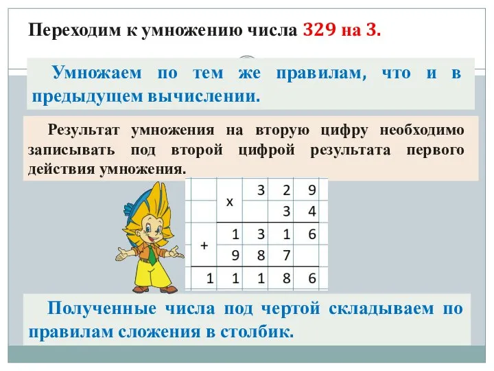 Результат умножения на вторую цифру необходимо записывать под второй цифрой результата