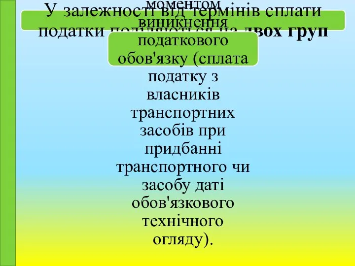 У залежності від термінів сплати податки поділяються на двох груп 1.