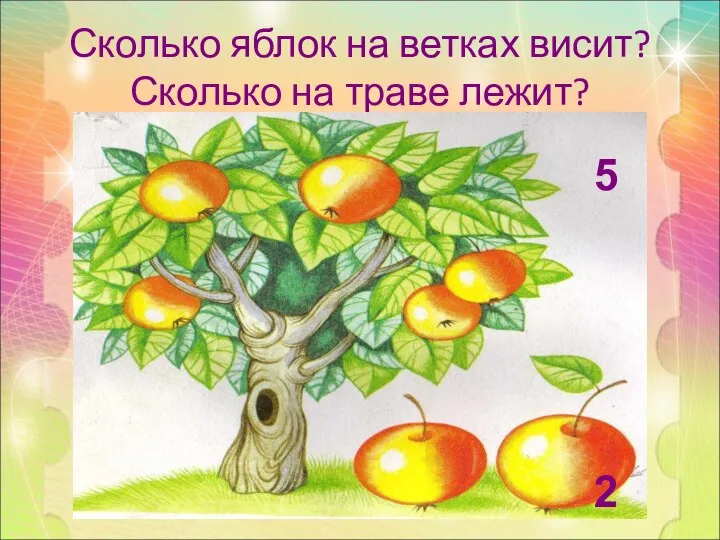 Сколько яблок на ветках висит? Сколько на траве лежит? 5 2