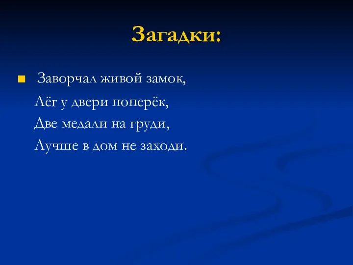 Загадки: Заворчал живой замок, Лёг у двери поперёк, Две медали на