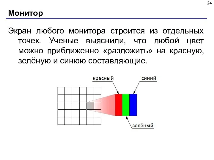 Монитор Экран любого монитора строится из отдельных точек. Ученые выяснили, что