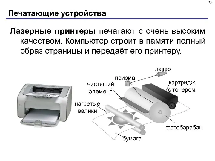 Печатающие устройства Лазерные принтеры печатают с очень высоким качеством. Компьютер строит