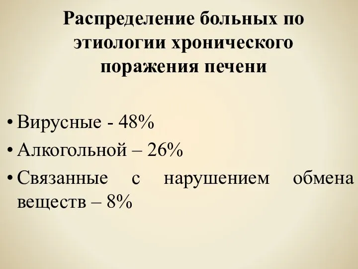 Распределение больных по этиологии хронического поражения печени Вирусные - 48% Алкогольной