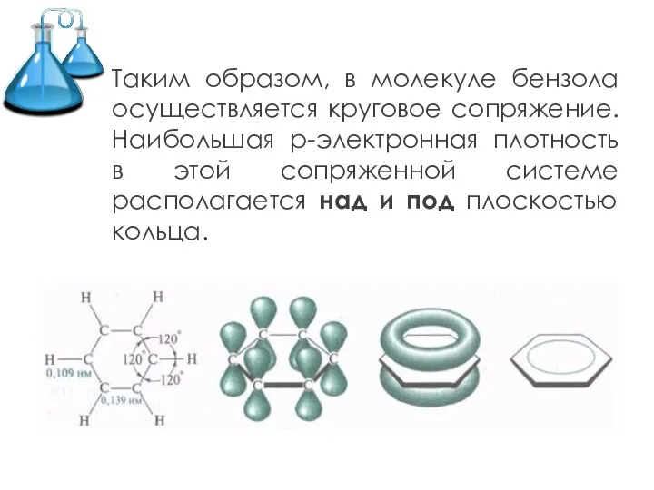 Таким образом, в молекуле бензола осуществляется круговое сопряжение. Наибольшая р-электронная плотность