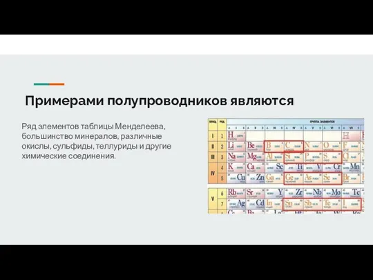 Примерами полупроводников являются Ряд элементов таблицы Менделеева, большинство минералов, различные окислы,