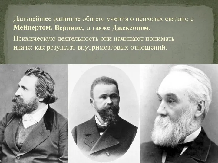 Дальнейшее развитие общего учения о психозах связано с Мейнертом, Вернике, а