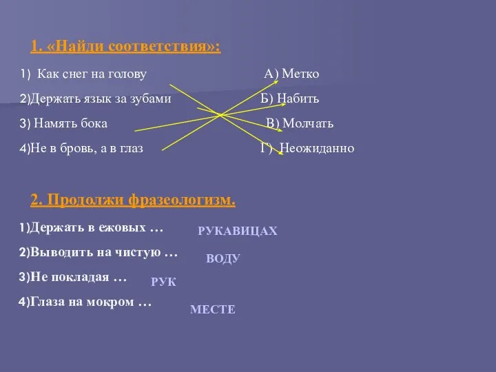 1. «Найди соответствия»: Как снег на голову А) Метко Держать язык