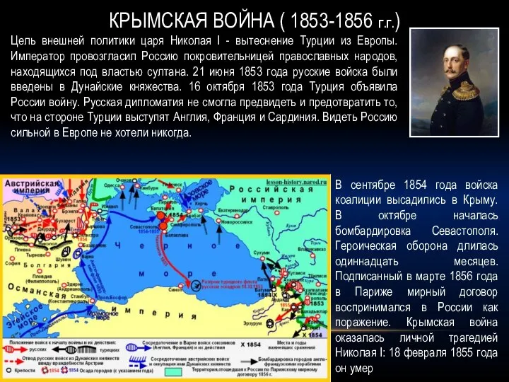 Цель внешней политики царя Николая I - вытеснение Турции из Европы.